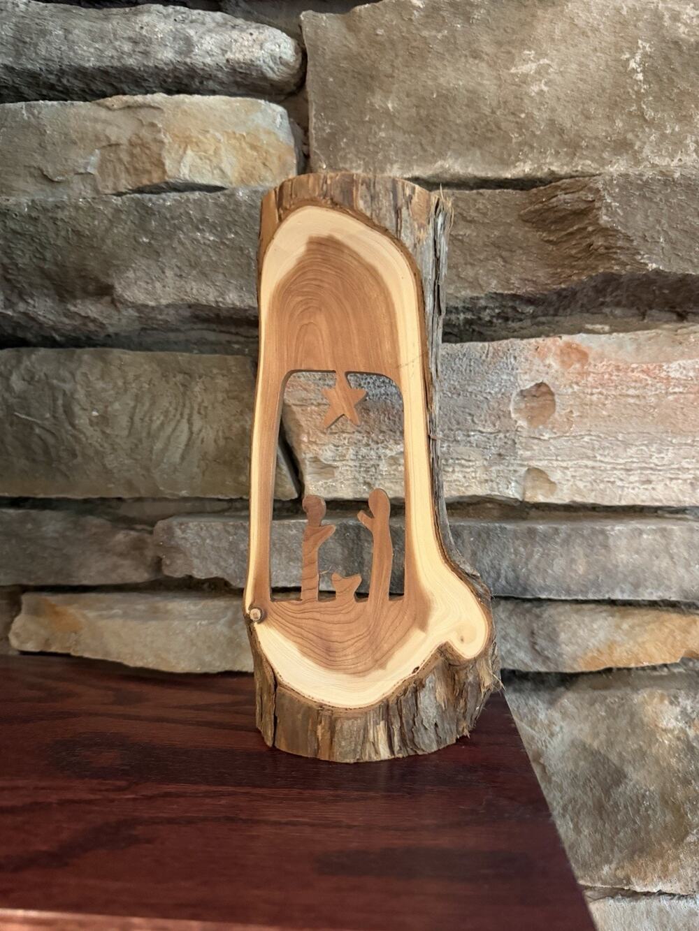 Handmade Live Edge Wood Nativity Silhouette Carving, Rustic Farmhouse Christmas